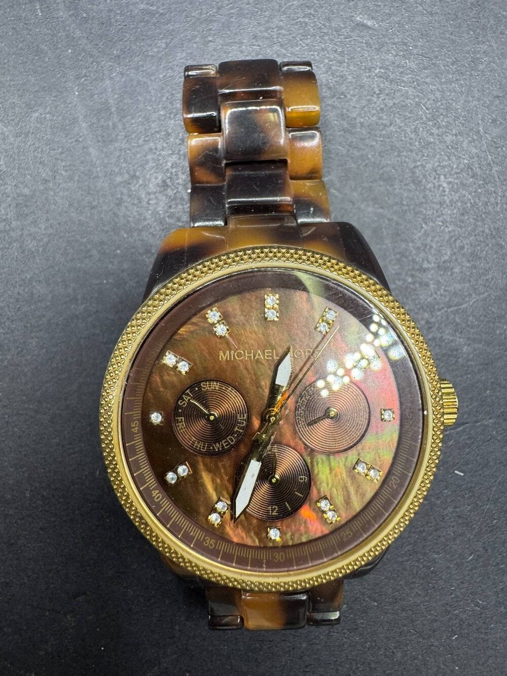 Michael Kors Chronograph Wristwatch Tortoise Acetate Gold Tone Rhinestone Dial